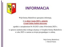 Zdjęcie do Informacja W&oacute;jta Gminy Białośliwie - 02.05.2025...