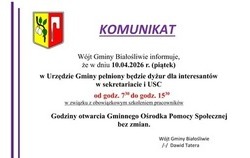 Zdjęcie do Komunikat dotyczący pracy Urzędu Gminy w Białośliwiu...
