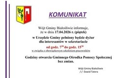 Zdjęcie do Komunikat dotyczący pracy Urzędu Gminy w Białośliwiu...