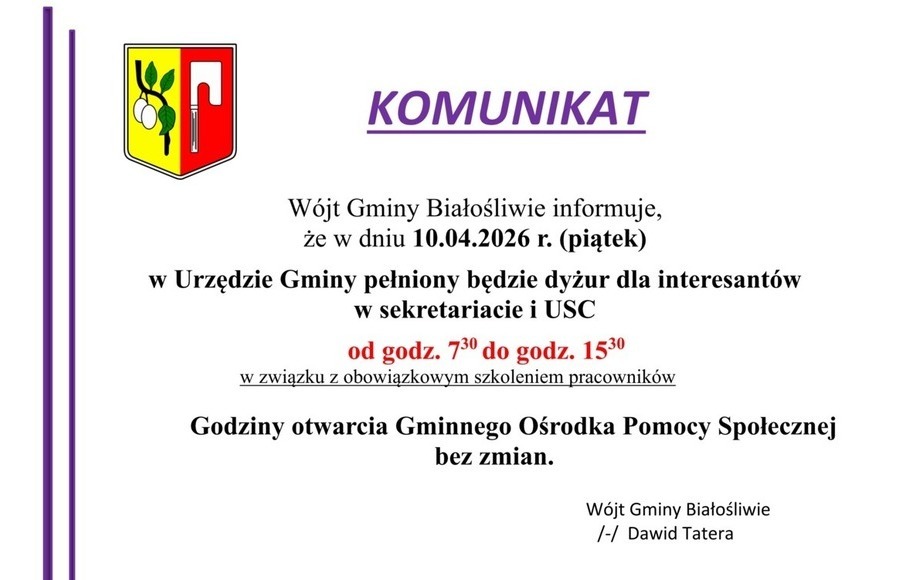 Zdjęcie do Komunikat dotyczący pracy Urzędu Gminy w Białośliwiu w dniu...