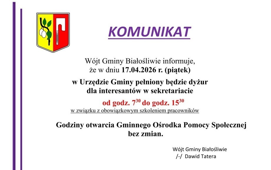 Zdjęcie do Komunikat dotyczący pracy Urzędu Gminy w Białośliwiu w dniu...