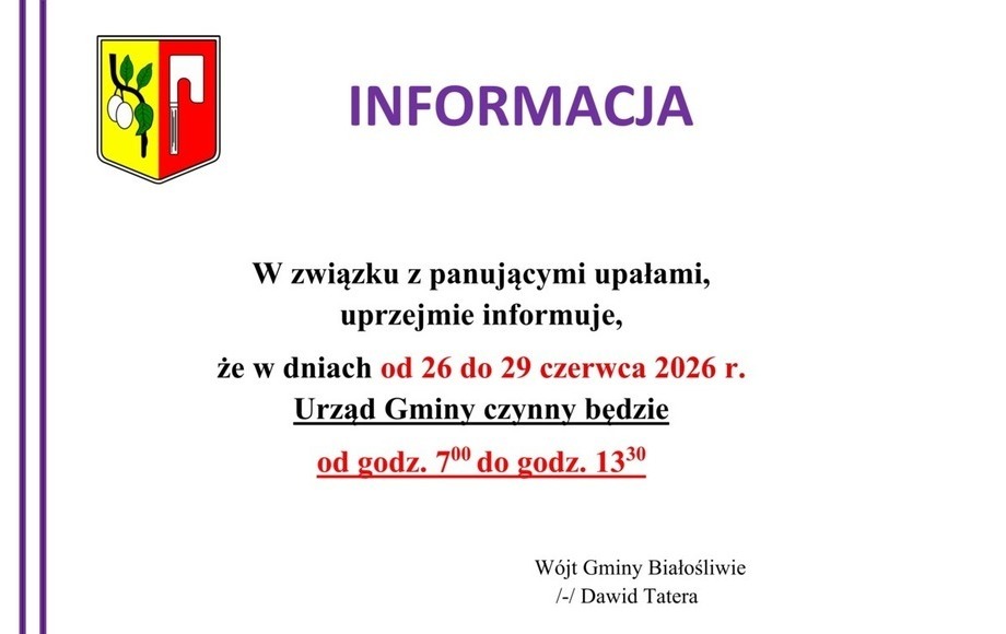 Zdjęcie do Informacja W&oacute;jta Gminy Białośliwie dotycząca godzin pracy...