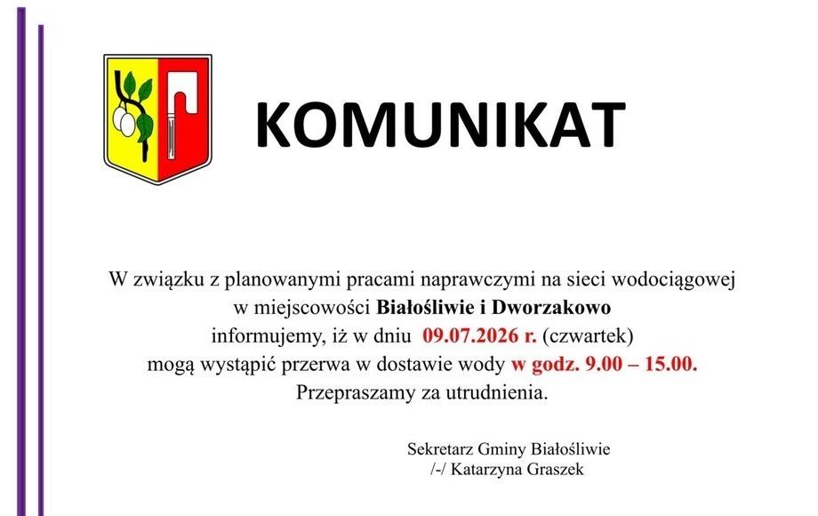 Zdjęcie do KOMUNIKAT ➡︎ PRZERWA W DOSTAWIE WODY ➡︎ 09.07.2026 r.