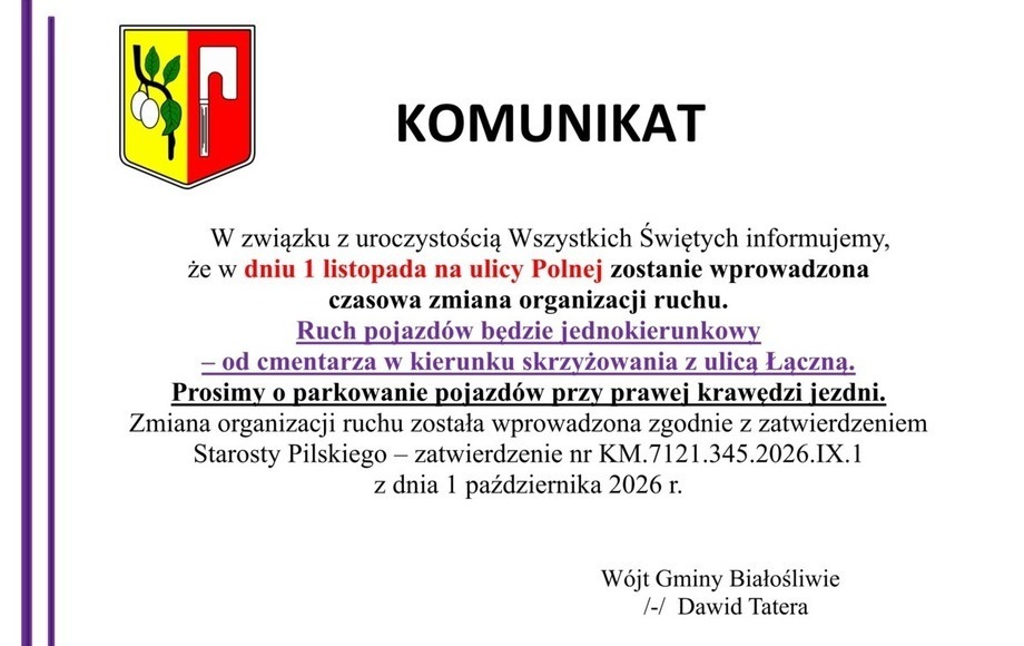 Zdjęcie do KOMUNIKAT - Zmiana organizacji ruchu - 1 listopada 2026 - ulica...