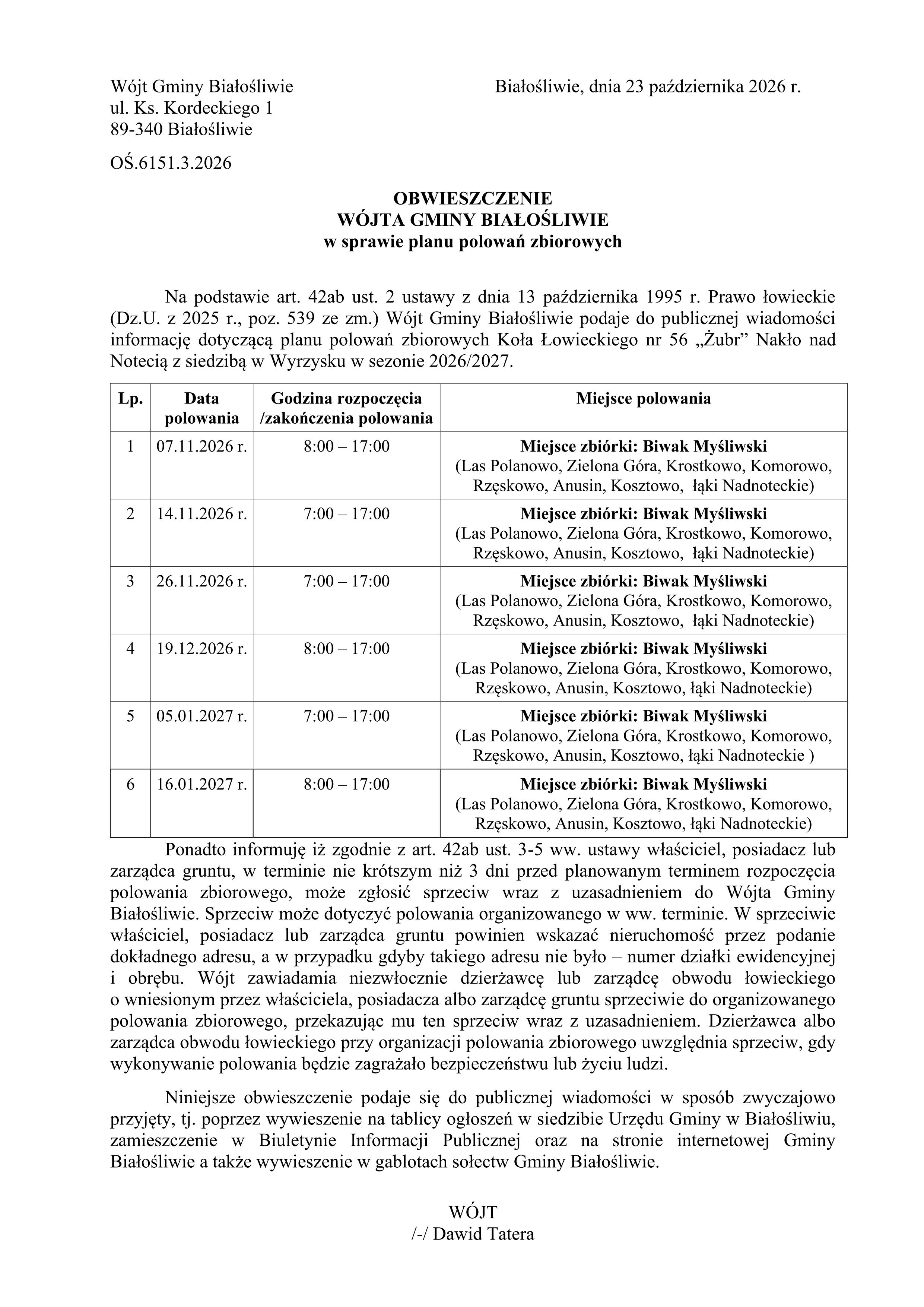OBWIESZCZENIE_W&oacute;jta_Gminy_Białośliwie_w_sprawie_planu_polowań_zbiorowych_Nakło_nad_Notecią_01
