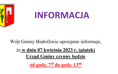 Zdjęcie do Informacja W&oacute;jta Gminy Białośliwie - 07.04.2023 r.