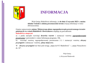 Zdjęcie do Opracowanie  zmiany Miejscowego planu zagospodarowania przestrzennego teren&oacute;w położonych we wsiach Białośliwie i Dworzakowo.