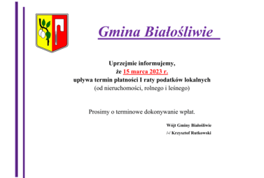 Zdjęcie do Komunikat - I rata podatku od nieruchomości, rolnego i leśnego