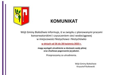 Zdjęcie do KOMUNIKAT - planowane prace konserwatorskie i czyszczenie sieci wodociągowej w m. Nieżychowo i Nieżych&oacute;wko