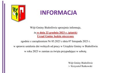 Zdjęcie do Informacja W&oacute;jta Gminy Białośliwie - 22.12.2023 r.