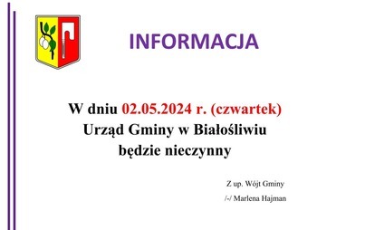 Zdjęcie do 02.05.2024 r. - Urząd Gminy w Białośliwiu nieczynny