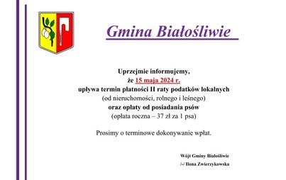 Zdjęcie do Komunikat - II rata podatk&oacute;w lokalnych oraz opłaty od posiadania psa.