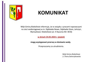 Zdjęcie do KOMUNIKAT ➡︎ PRZERWY W DOSTAWIE WODY