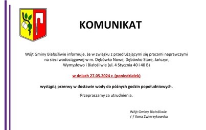 Zdjęcie do KOMUNIKAT ➡︎ PRZERWY W DOSTAWIE WODY