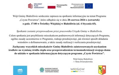 Zdjęcie do Spotkanie informacyjne dot. Programu  &bdquo;Czyste Powietrze&rdquo; - 20 czerwca 2024 r. o godz. 17:00 w Świetlicy Wiejskiej w Białośliwiu