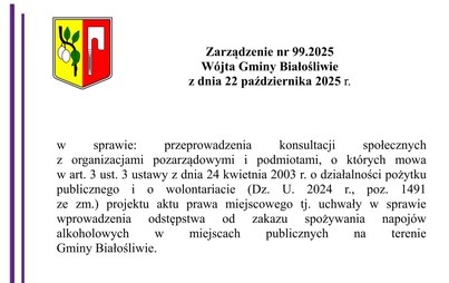 Zdjęcie do Zarządzenie nr 99.2025 W&oacute;jta Gminy Białośliwie z dnia 22 października 2025 r.