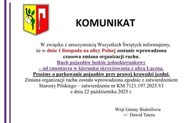 Zdjęcie do KOMUNIKAT ➡︎ ZMIANA ORGANIZACJI RUCHU ➡︎ 01.11.2025 r.