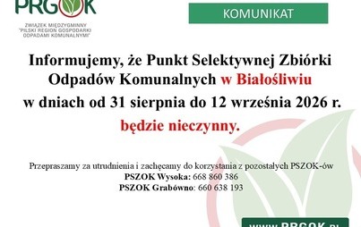 Zdjęcie do Punkt Selektywnej Zbi&oacute;rki Odpad&oacute;w Komunalnych w Białośliwiu nieczynny od 31 sierpnia do 12 września 2026
