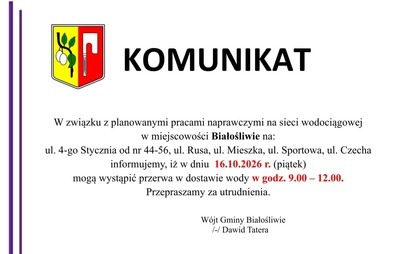 Zdjęcie do KOMUNIKAT ➡︎ PRZERWA W DOSTAWIE WODY ➡︎ 16.10.2026 r.