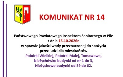 Zdjęcie do Komunikat nr 14 Państwowego Powiatowego Inspektora Sanitarnego w Pile z dnia 15.10.2026r. w sprawie jakości wody przeznaczonej do spożycia przez ludzi