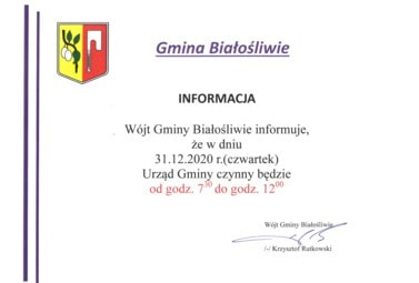 Zdjęcie do Informacja W&oacute;jta Gminy Białośliwie - 31.12.2020 r.