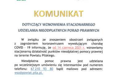 Zdjęcie do Wznowienie stacjonarnego udzielania Nieodpłatnych Porad Prawnych - 14 czerwca 2021 r.