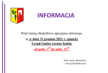 Zdjęcie do Informacja W&oacute;jta Gminy Białośliwie - 31.12.2021 r.