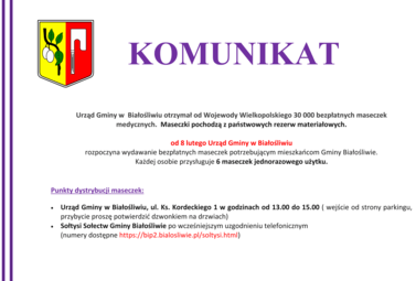 Zdjęcie do Bezpłatne maseczki medyczne dla mieszkańc&oacute;w Gminy Białośliwie.