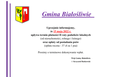 Zdjęcie do Komunikat - II rata podatk&oacute;w lokalnych oraz opłaty od posiadania ps&oacute;w