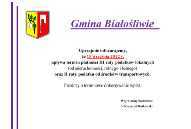 Zdjęcie do Komunikat - III rata podatk&oacute;w lokalnych oraz II rata podatku od środk&oacute;w transportowych