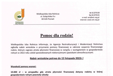 Zdjęcie do Agencja Restrukturyzacji i Modernizacji Rolnictwa - nab&oacute;r wniosk&oacute;w o przyznanie pomocy finansowej w zakresie wsparcia finansowego rodzin, kt&oacute;rym zagraża utrata płynności finansowej w związku z wystąpieniem w gospodarstwie rolnym w 2022 roku szk&oacute;d