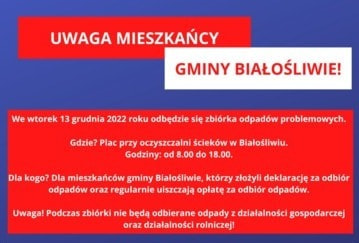 Zdjęcie do IV Zbi&oacute;rka odpad&oacute;w problemowych, Białośliwie 13 grudnia 2022 r. od godz. 8.00 do 18.00